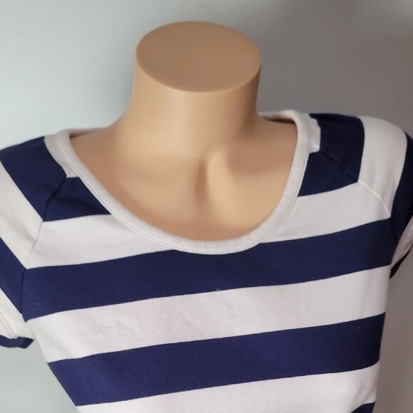 Navy & White Striped Casual Drawstring Waist Cotton Dress Short Sleeve Scoop Nec - Picture 6 of 14